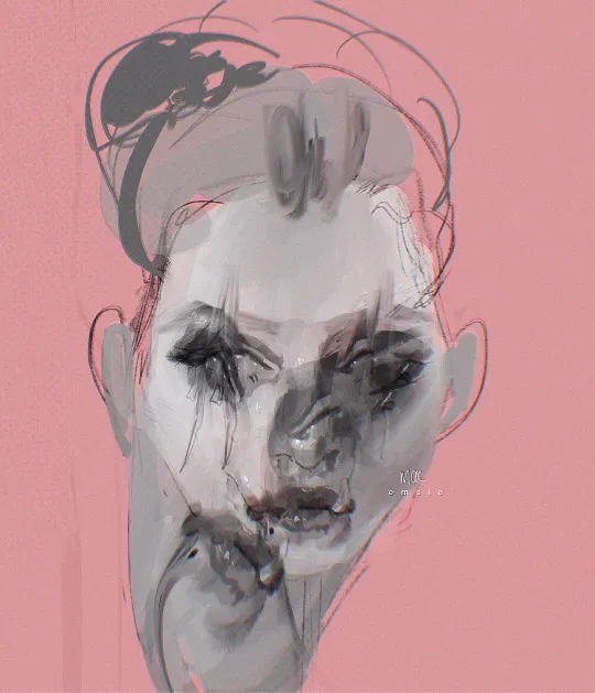 digital artwork of a distorted face in greyscale with a pink background